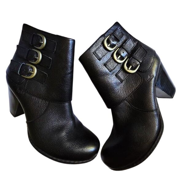 Bolo by Born Ankle Boots Leather Black Buckle Moto Goth Biker Block Heel Sz. 7.5 - Picture 3 of 15
